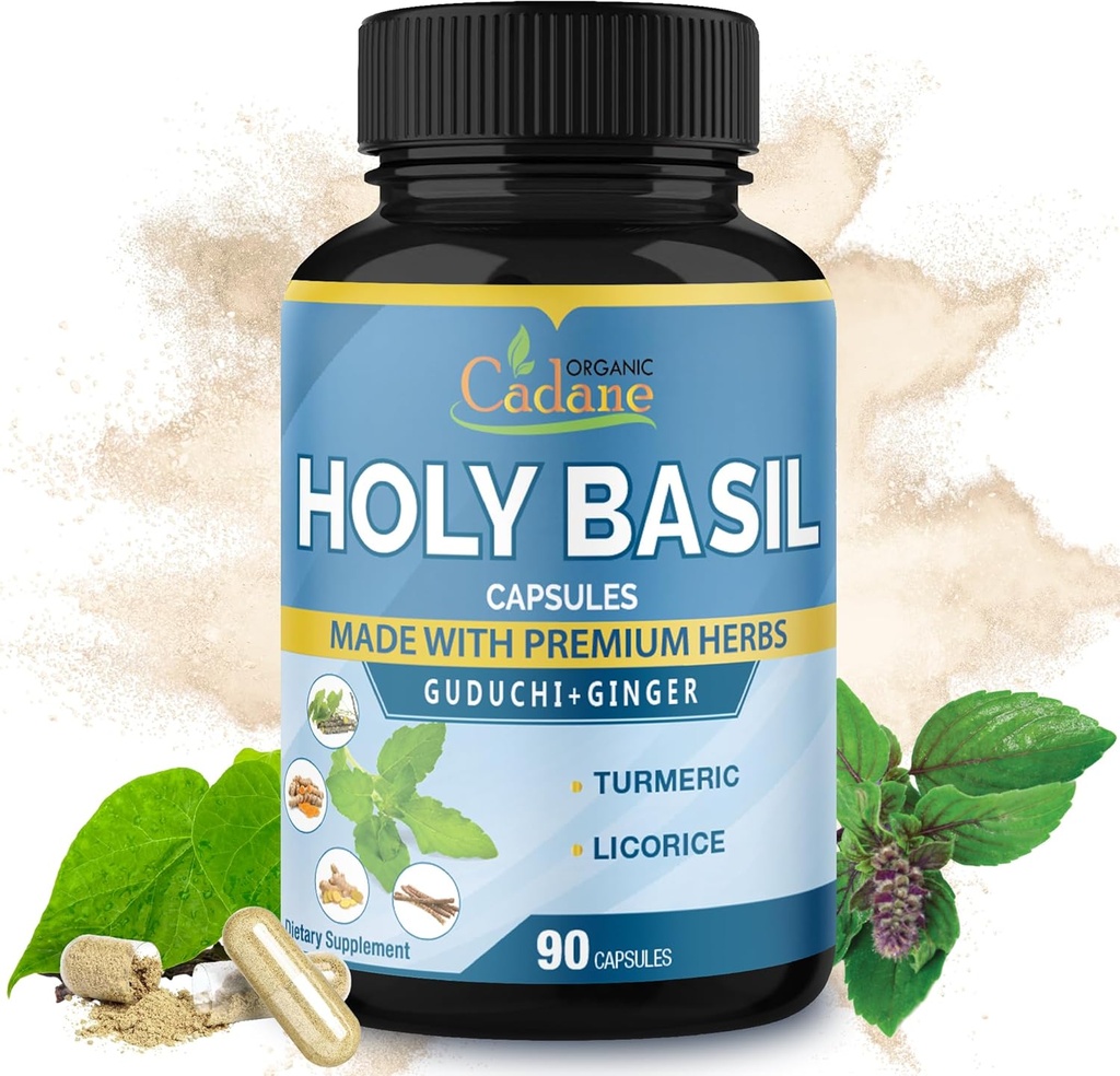 Organic Cadane Holy Basilikum Kosttilskud Kapsler, 5in1 med Guduchi, Ingefær, Gurkemeje, Lakrids - Support Immun- 90 Kapsler til 3 Måneder