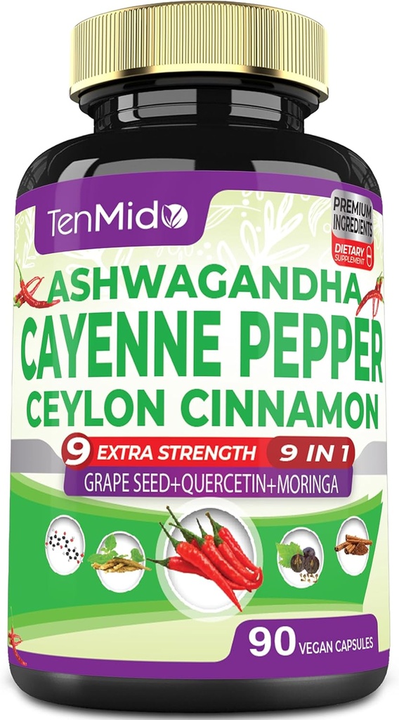 Cayenne Pepper Kosttilskud Kapsler, 3 Months Supply & Ashwagandha, Ceylon Cinnamon, Grape Seed, Quercetin, Moringa, Ginkgo Biloba - Heart Wellness, Promoes fordøjelsessygdomme -90 Caps