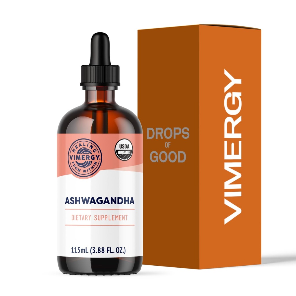 Vimergy USDA Organic Ashwagandha Liquid Extract, 57 Serveringer -Stress Supplement Drops - Adaptogen - Understøtter kognitiv funktion - Sovestøtte - Alkoholfri, Non- GMO, Vegan & Paleo Friendly (115 ml)