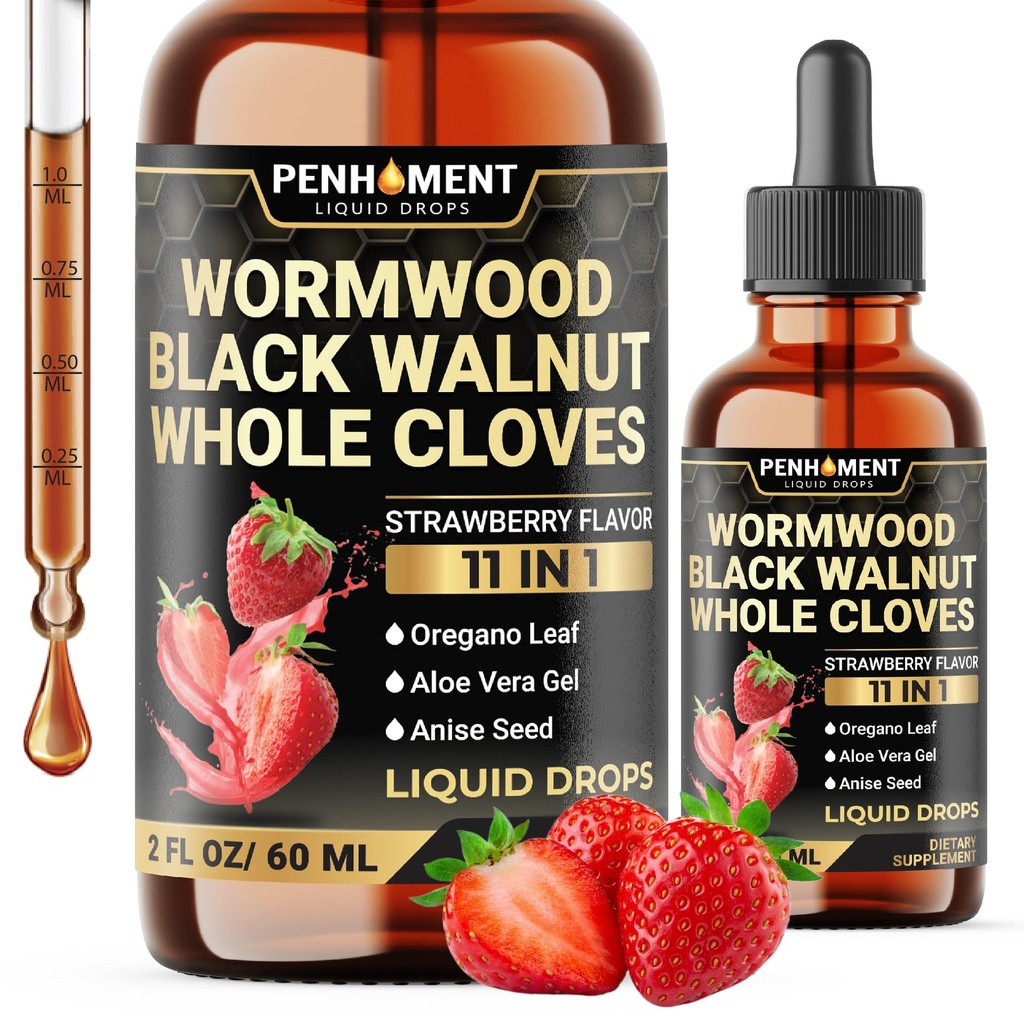 11in1 Wormwood Liquid Drops - Black Walnut Wormwood Liquid Extract med Hel Cloves, Reishi, pebermynte, Oregano, Aloe Vera, Anise Seed - 2 FL OZ - 60 dages levering - Strawberry Flavor