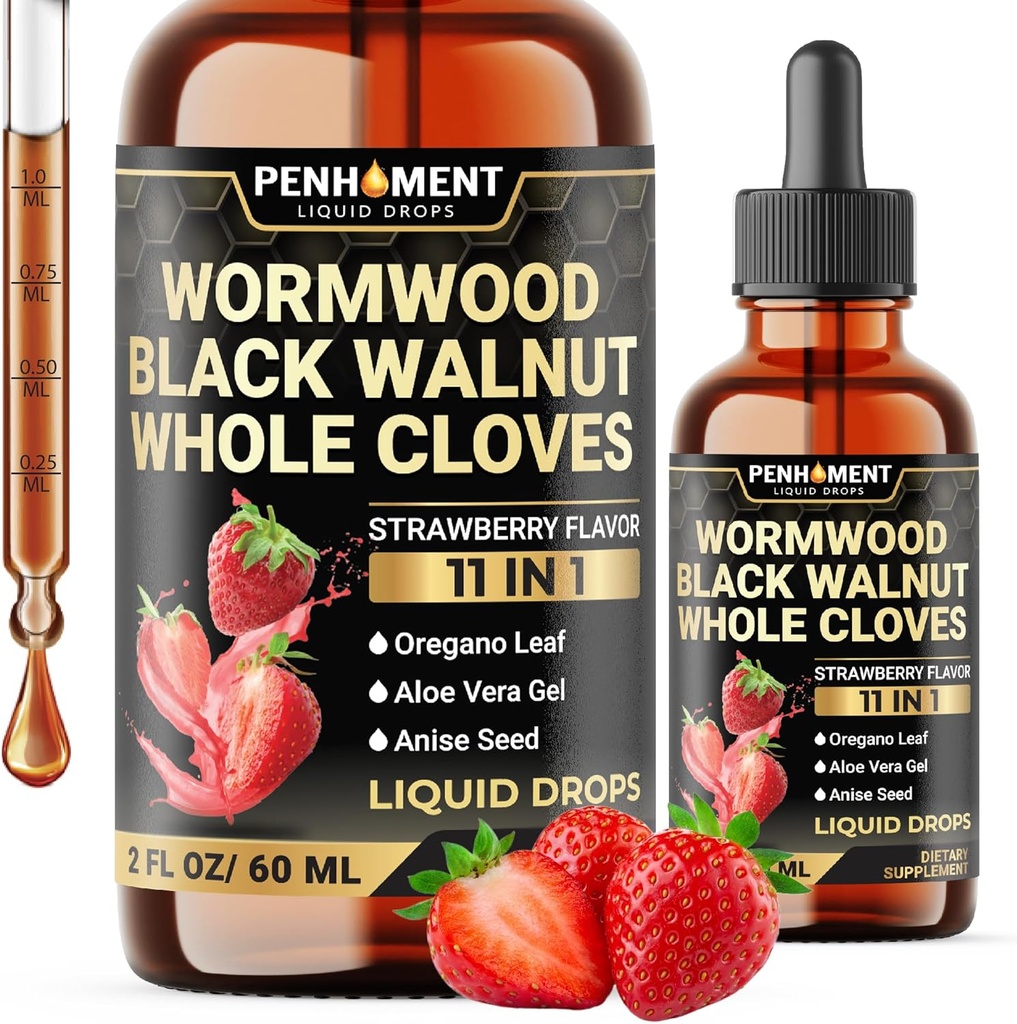 11in1 Wormwood Liquid Drops - Black Walnut Wormwood Liquid Extract med Hel Cloves, Reishi, pebermynte, Oregano, Aloe Vera, Anise Seed - 2 FL OZ - 60 dages levering - Strawberry Flavor
