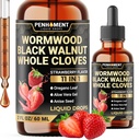 11in1 Wormwood Liquid Drops - Black Walnut Wormwood Liquid Extract with Whole Cloves, Reishi, Peppermint, Oregano, Aloe Vera, Anise Seed - 2 FL OZ - 60 Days Supply - Strawberry Flavor