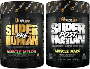 LEONA LION Superhuman Pre Workout Powder & Post Workout Recovery Bundle, Vedvarende energi & Focus + Lean muskelvækst, styrke og volumen (Muscle Melon & Muscle Marg)