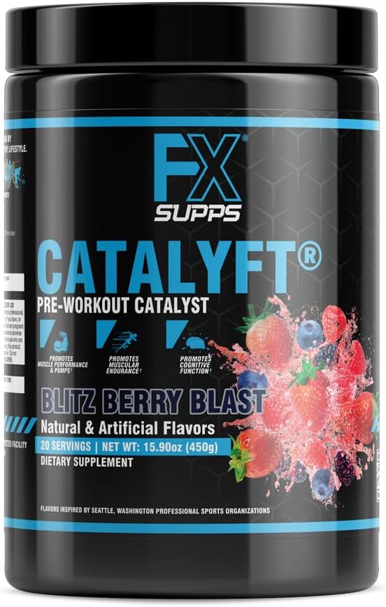 FXSUPPS Katalysator Præ- workout PowderDrink til mænd og kvinder Blitz Berry Blast Kosttilskud Mix med Creatin, Koffein & Beta- Alanine Budd124; Bedste til energipumpe, Muscle Gain & Focus, 20 Servere (1 pakke)
