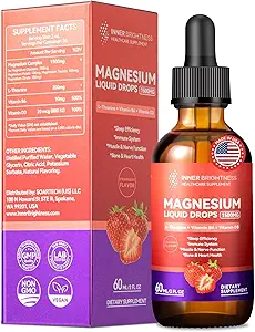 Magnesium Glycinate Liquid Drops 1500mg med Magnesium Citrate & Taurat, L- Theaine, D3- vitamin, B6, understøtter rolig, søvn, muskelafslapning, ben kramper & energi, Strawberry Flavor, 60 ml