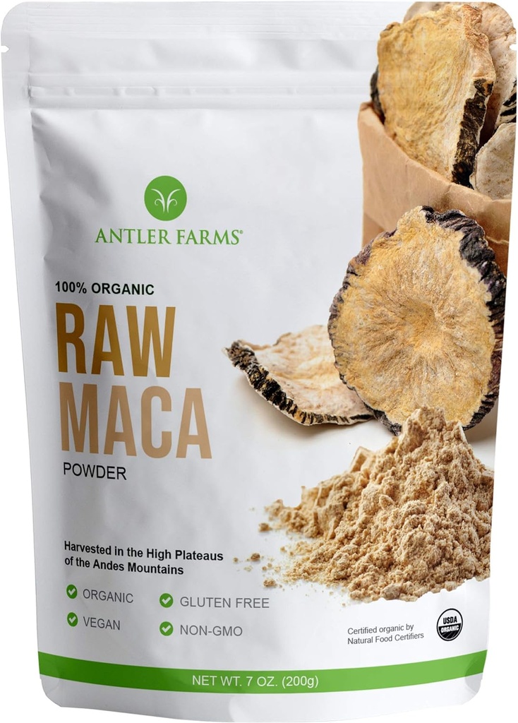Antler Farms - 100% Pure Organic Raw Maca Powder, 40 Servering, 200g - Vegan, Gluten Free, Sun Tørret, Cold Forarbejdede, Grown Outdoors i centrale Andes i Peru, Certified USDA Organic