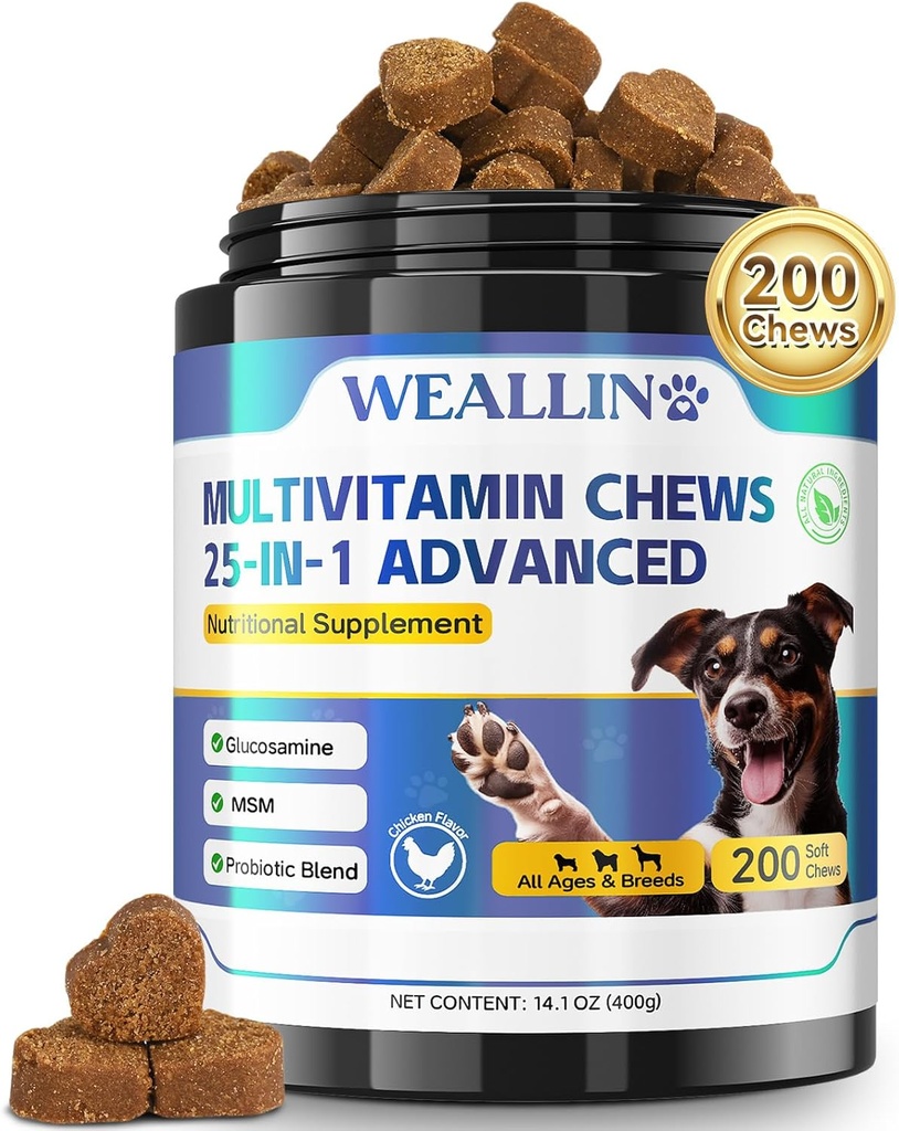 Hundevitaminer - 25-in-1 Hundevitaminer og kosttilskud Multivitamin med Glucosamin Probiotika Omega-3 Puppy Multivitamin Chewable for Coat, Heart, HIPS & Joints, fordøjelse og immunsystem 200pcs