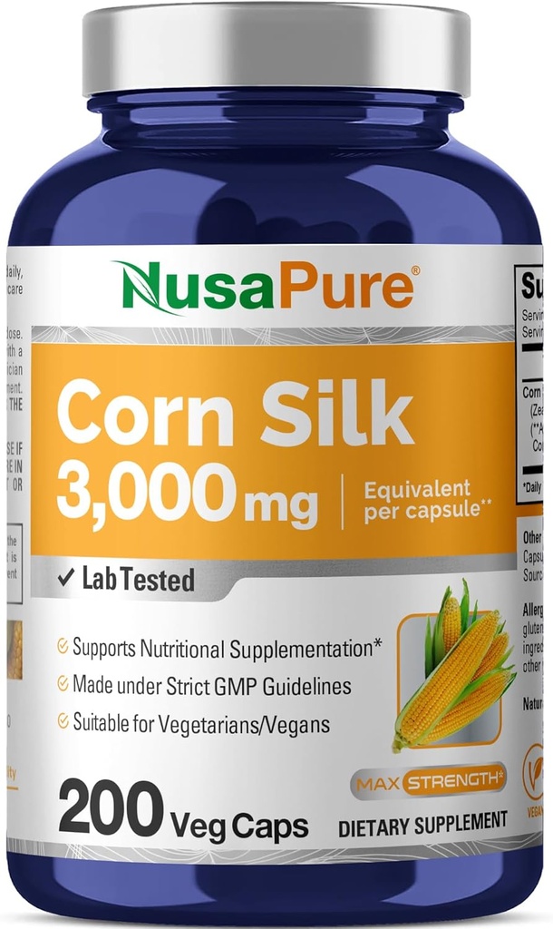 NusaPure Corn Silk Extract 3000 mg per Caps - 200 Veggie Caps (100% Vegetarisk, Non- GMO, Extract 20: 1, Vegan)
