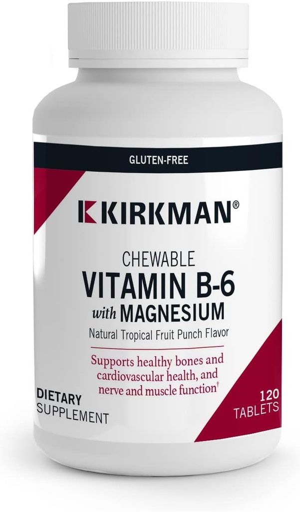 Kirkman - B6-vitamin med Magnesium - 120 tabletter - Potent B6-vitamin & Magnesiumtilskud - Chewable Wafer - Hypoallergen