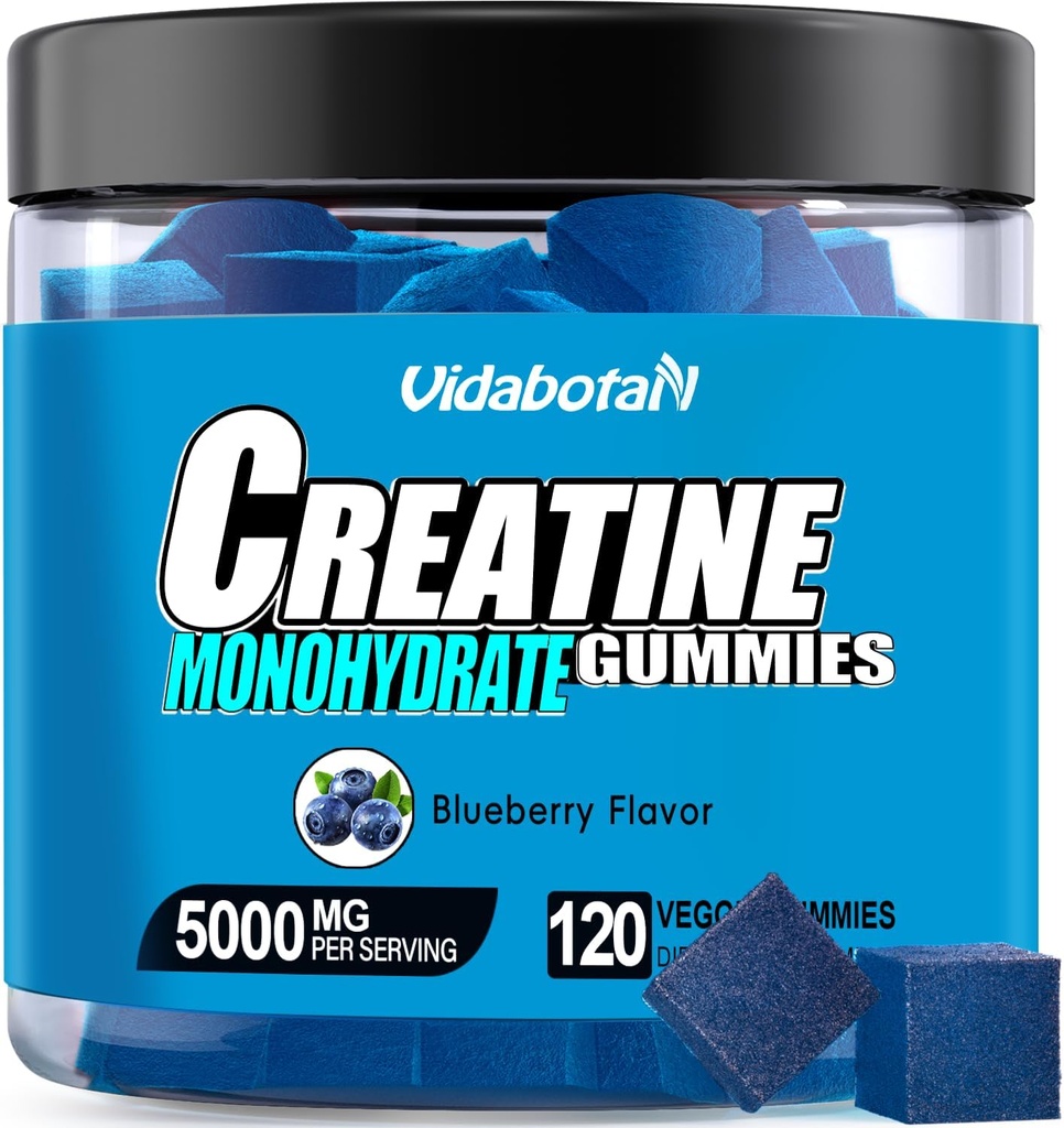 Creatin monohydrat Gummies for Mænd & Women- 5g Creatin Monohydrat per Servering - Forøg styrke og opbygge muskel, Sukker fri, Vegan, Blåbær Flavor, 120 Greve, B571