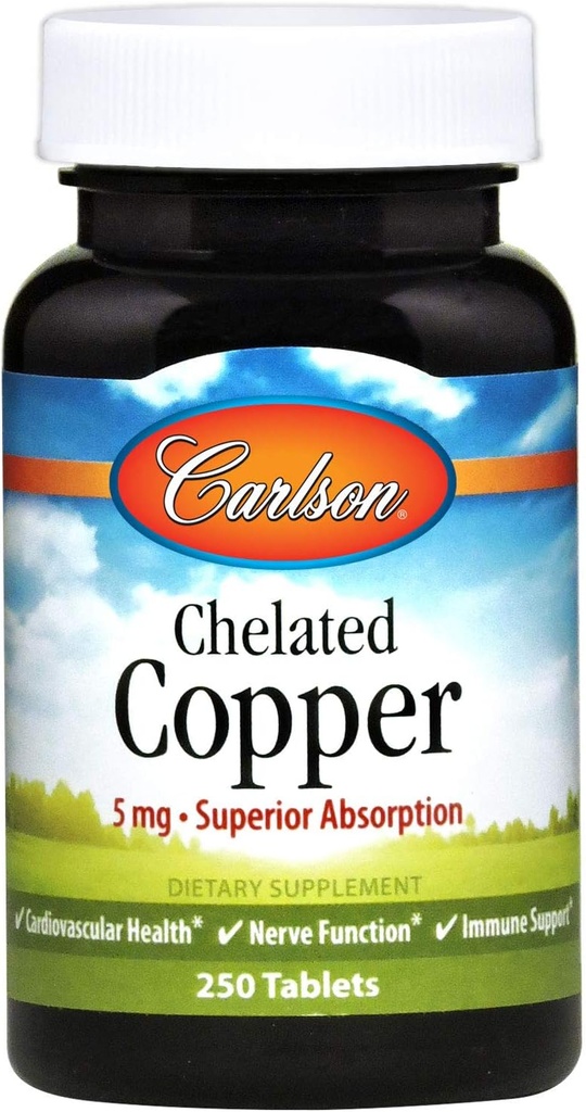Carlson - Chelated Copper, 5 mg, Superior Absorption, Circulation Health, Nerve Function & immunsupport, 250 tabletter