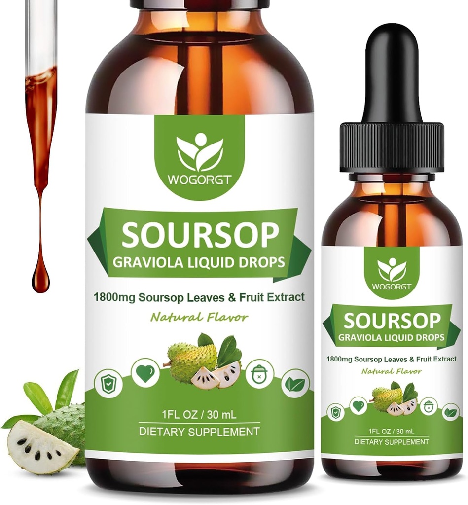 (2 Pack) Soursop Graviola Liquid Drops - 1800mg Soursop Extract - High Absorption Sour Sop Sop Liquid for Cell Support & Regeneration, Immunsupport, Antioxidant, Afslapning, Sugar Free - 1 Fl Oz