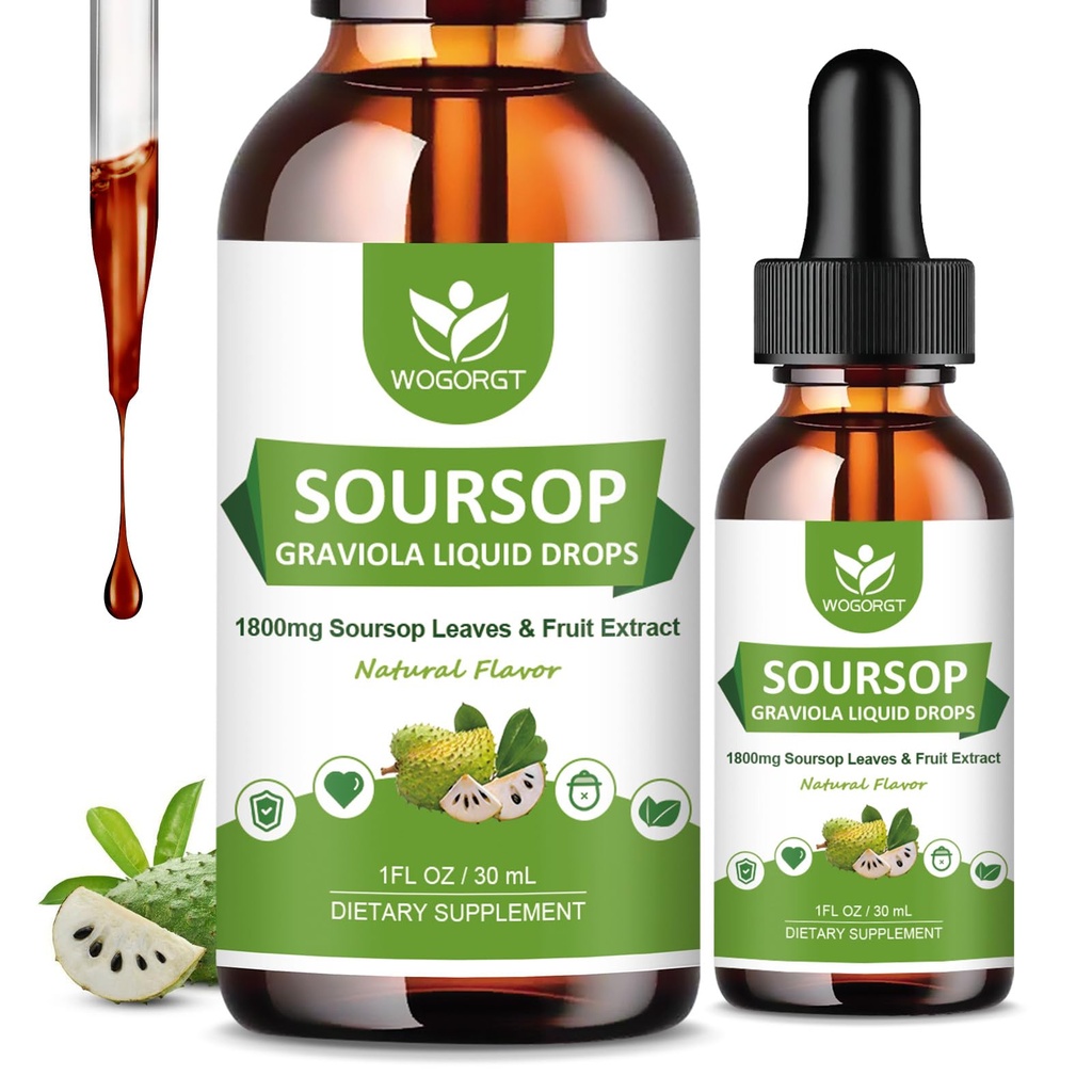 (2 Pack) Soursop Graviola Liquid Drops - 1800mg Soursop Extract - High Absorption Sour Sop Sop Liquid for Cell Support & Regeneration, Immunsupport, Antioxidant, Afslapning, Sugar Free - 1 Fl Oz