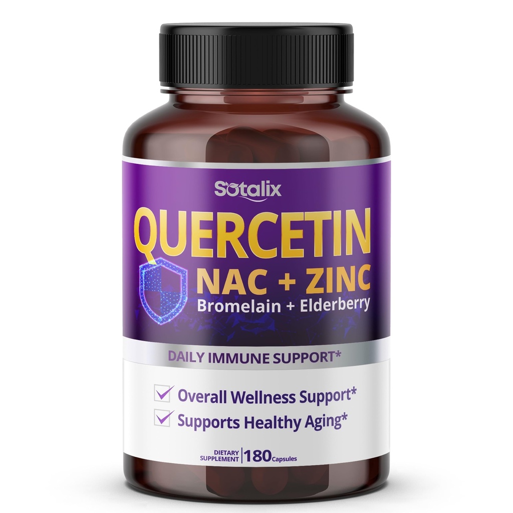 SOTALIX supplement Premium Quercetin 98% høj renhed med bromelain, zink, D3- vitamin 2000 IE, hyldebær - Kardiovaskulær respiration immunforsvar støtte til voksne børn - 180 dages forsyning