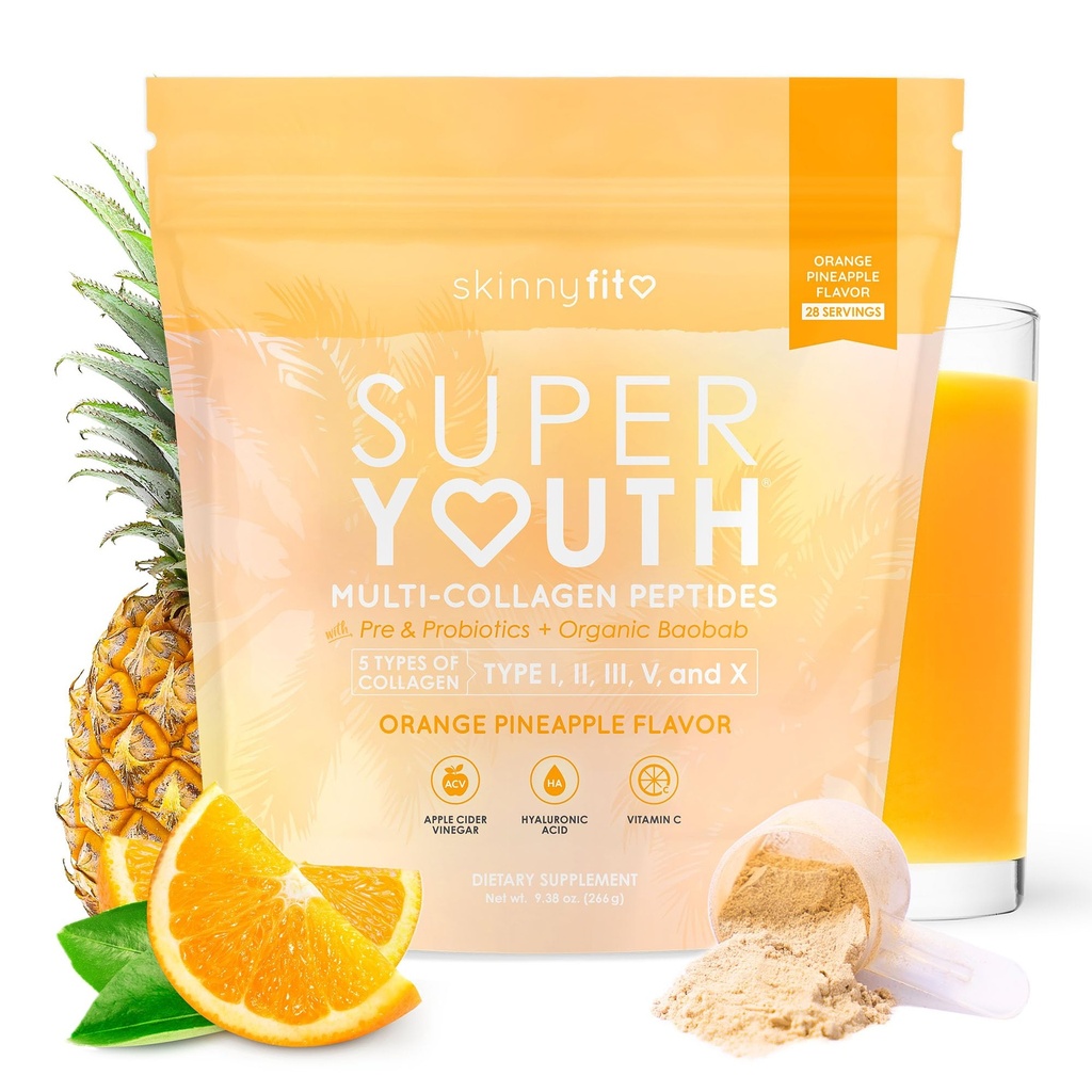 SkinnyFit - Super Youth Collagen for Women - Multi Collagen Peptider Powder - Probiotika, Fiber, Hyaluronsyre - Ikke GMO, Gluten Free, Sukker Free - Skønhed - Orange Ananas (28 Servere)