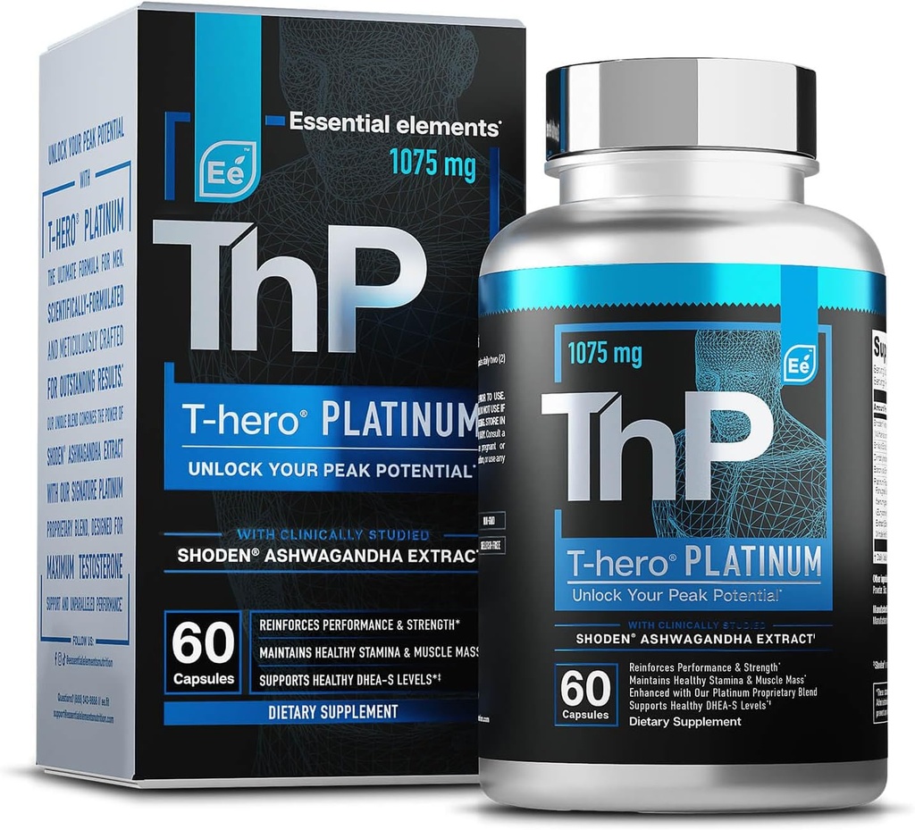 Væsentlige elementer T-Hero Platinum Mand sundhed supplement til Herre sundhed - Muskel vækst Support & T-Sundhed med Shoden Ashwagandha, Shilajit, DIM & mere - Gym Kosttilskud til mænd - 60 Caps