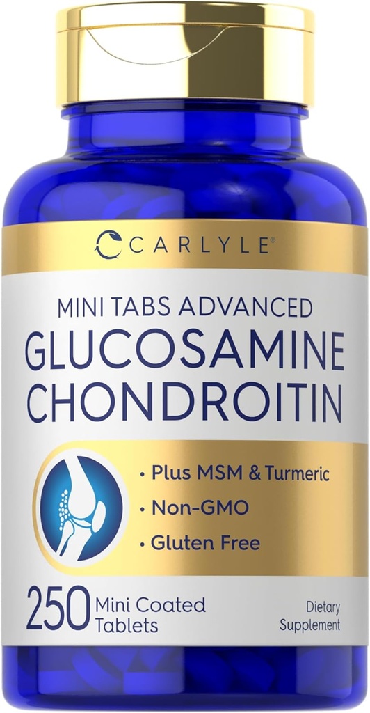 Carlyle Glucosamine Chondroitin MSM | 250 Mini Tablets | Advanced Formula with Turmeric | Non-GMO, Gluten Free