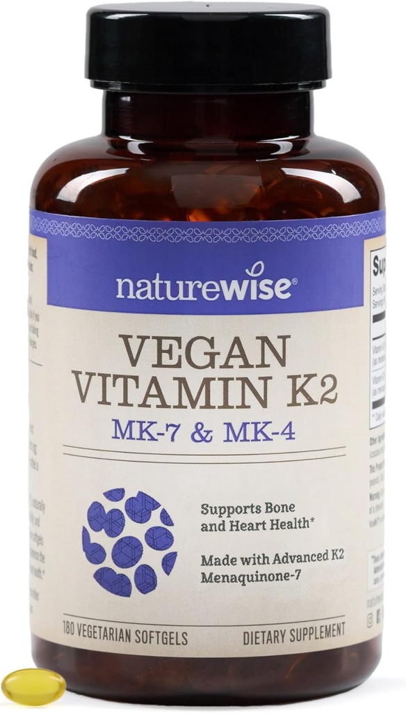 NatureWise vitamin K2 600mcg tillæg med MK- 7 100mcg & MK-4 500mcg - Forbedret biotilgængelig formel - K Complex for ben og hjerte sundhed - Vegan, Gluten Free, Non- GMO - 180 Softgels [6 - Måned Supply]