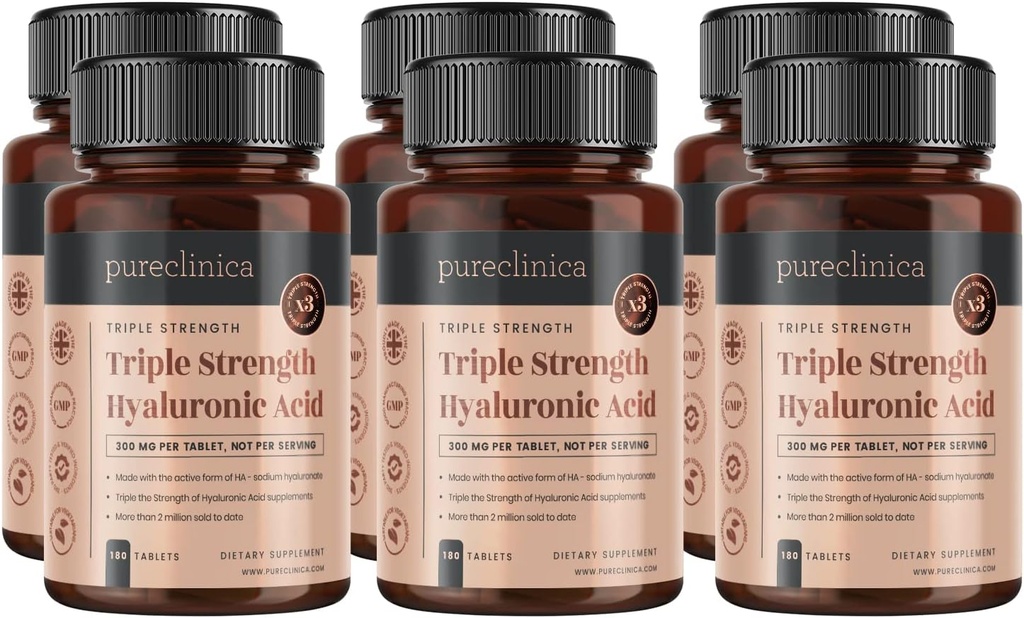 pureclinica Hyaluronsyre 300mg x 1080 tabletter (6 flasker 180 tabletter - 3 års forsyning). Trefoldig styrke Hyaluronsyre. 300% stærkere end nogen anden HLA tablet