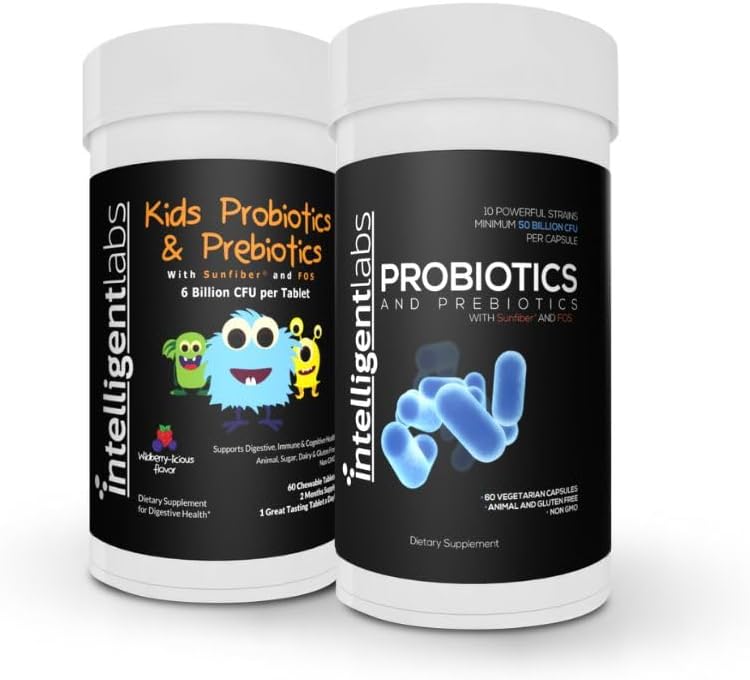 Intelligente Labs 21- bundle af børn Probiotika (6 Millioner CFU med Sunfiber og FOS) + Voksen Probiotika (50 Millioner CFU, 10 Strops), Ingen køling påkrævet, 2 Måneders forsyning pr flaske