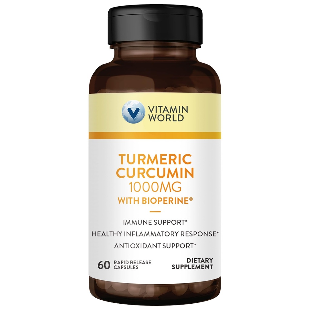 Vitamin World Gurkemeje 1000mg, BioPerine Black Pepper Extract for Better Absorption, 95% Curcuminoider, Gurkemeje supplement til antioxidant & fælles støtte, Gluten- fri, 60 kapsler