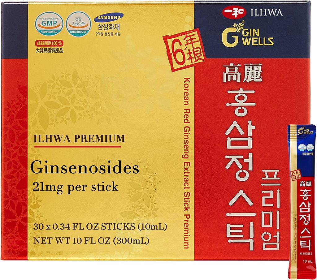ILHWA Premium Koreansk Rød Ginseng Extract Sticks (0,34fl oz X 30 Sticks) - for Immunitet. Ginsenosid 21 mg per servering