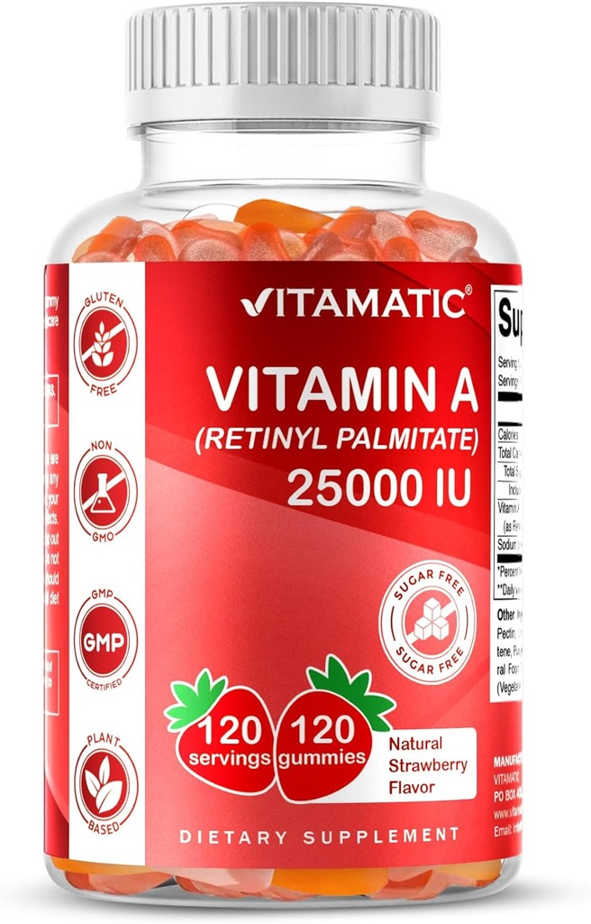 Vitamin A 25000 IE Gummies (Retinyl Palmitat) - Naturlig Jordbærsmag - 120 Pectin baserede Gummies (3 flasker)