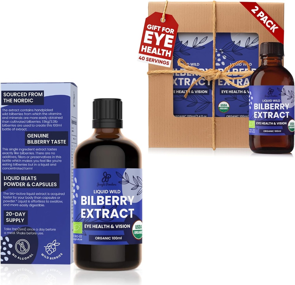 Jungle Powders Wild Bilberry Extract 3x3.4oz Flaske med flydende blåbær Antocyanin Alkohol- Gratis europæisk blåbær Blåbær Tillæg for øjne høj biotilgængelighed flydende ekstrakt