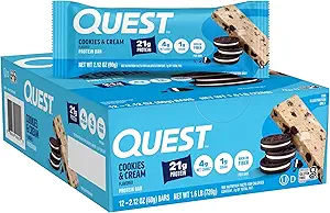 Quest Nutrition Cookies & Cream Protein Bars, 21g Protein, 1g Sukker, 4g Net Carb, Gluten Free, Keto Friendly, 12 Greve