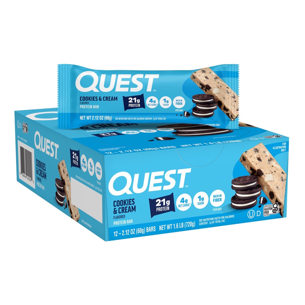 Quest Nutrition Cookies & Cream Protein Bars, 21g Protein, 1g Sukker, 4g Net Carb, Gluten Free, Keto Friendly, 12 Greve