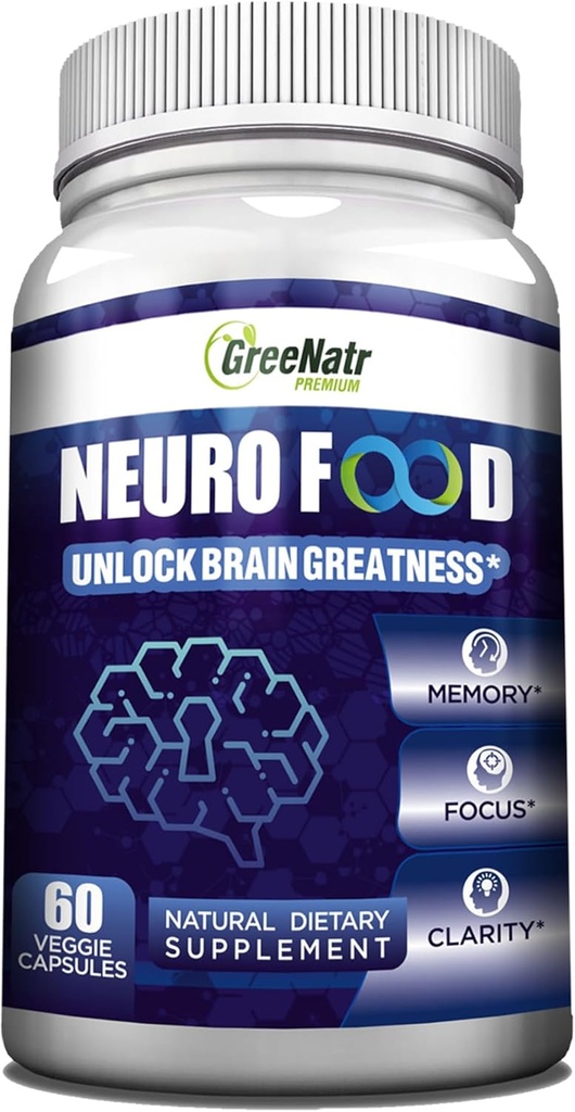 GreeNatr Brain Supplements for Memory and Focus - Ginko Biloba Capsules Brain Booster Supplement med B1, Folsyre & Calcium - Memory Supplements for Cognitive & Brain Health 60 Capsules (1 flaske)