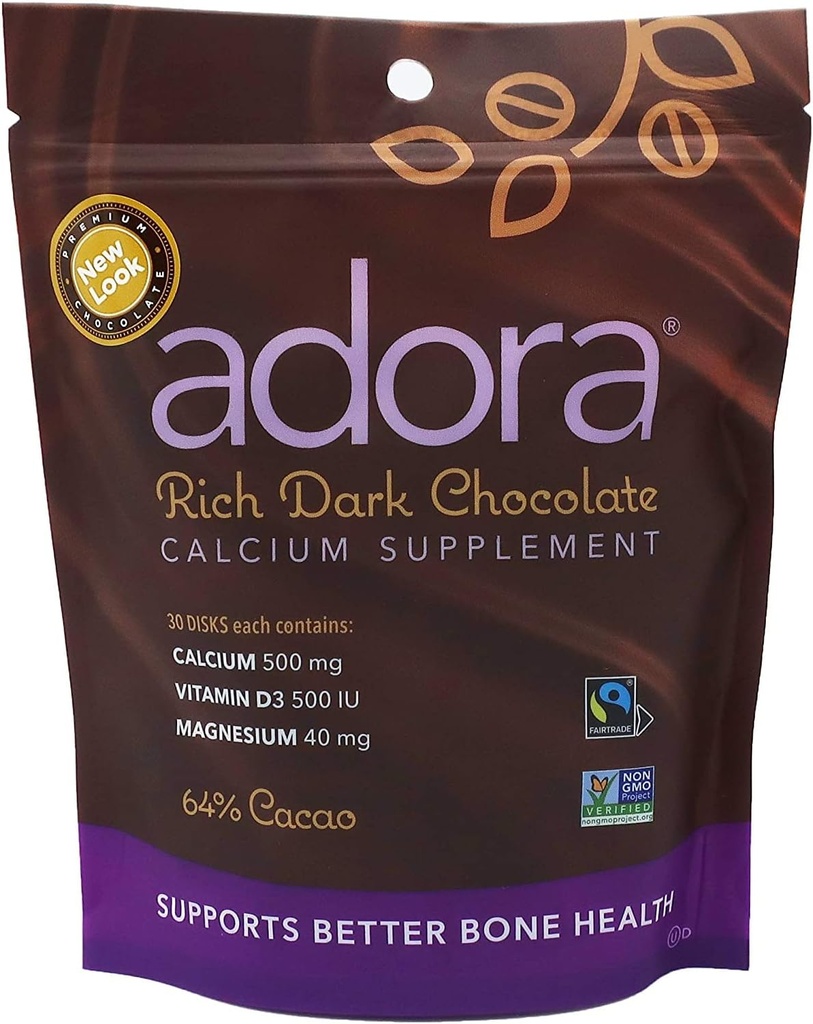Adora Calcium supplement, Fairtrade mørk chokolade, pakke med 12 - 30 ct