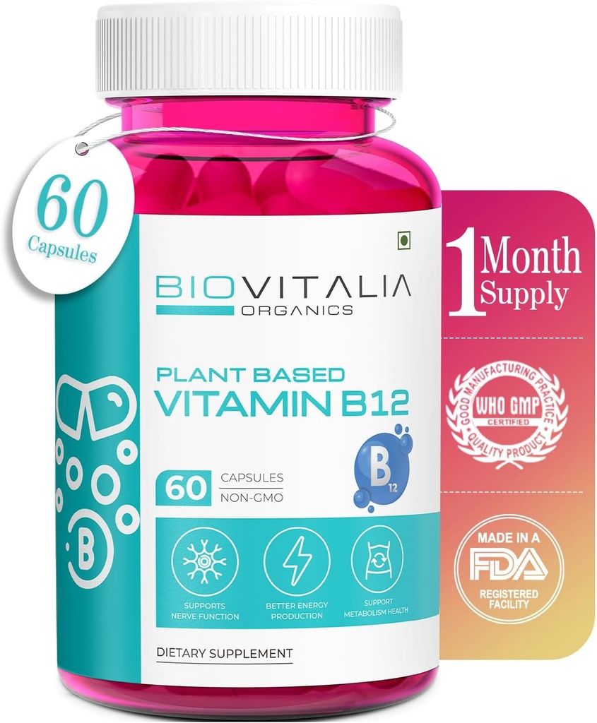 BIOVITALIA Vitamin B12 kapsler Metal Cobalamin Supplement 1000mg Plantbaserede kapsler - Support Nerve Funktion & Metabolisme Beriget med hvede Grass Spirulina Beetroot - 60 Vegansk Caps