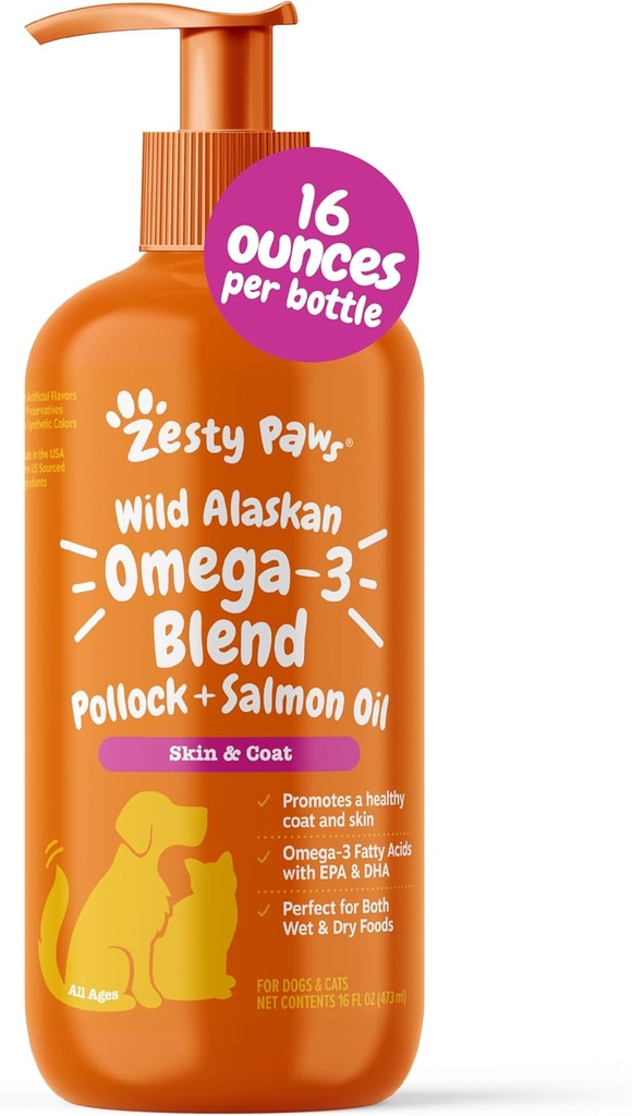 Zesess Paws Wild Alaska Omega-3 Blend Pollock + Salmon Oil for hunde og katte - Hud og Coat Support, Omega 3 Supplement til Kæledyr, 16oz