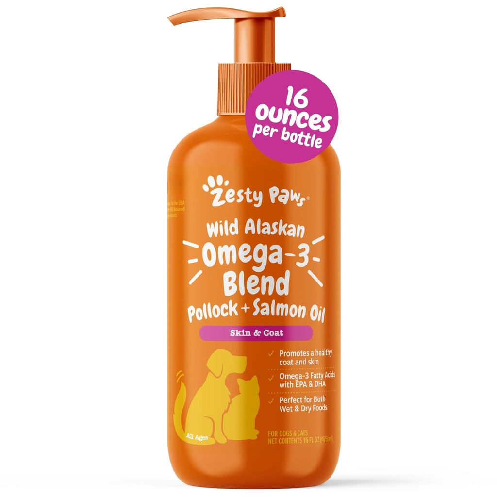 Zesess Paws Wild Alaska Omega-3 Blend Pollock + Salmon Oil for hunde og katte - Hud og Coat Support, Omega 3 Supplement til Kæledyr, 16oz