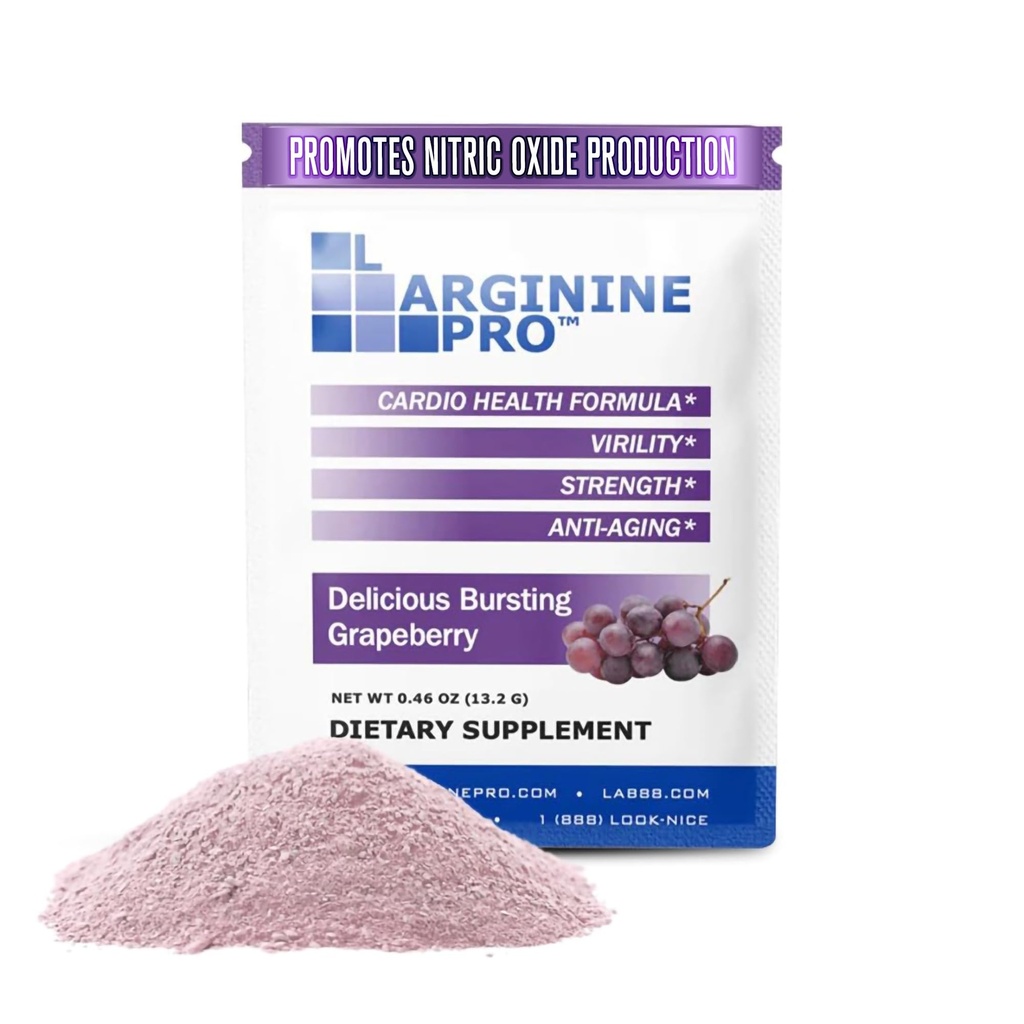L- ARGININE PRO supplement Pulver • 124; 30 Pakninger Single Serve Travel Størrelse • 124; 5,500 mg L- arginin Plus 1.100mg L- Citrulin, Grape
