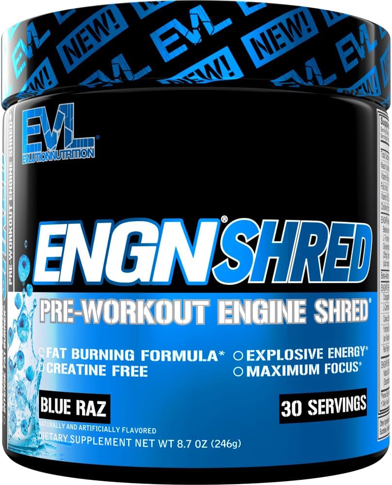 EVL Ultimate Pre Workout Powder - Termogen Fat Burn Support Preworkout Powder Drikke til vedvarende energi Focus og Stamina - ENGN Shred Intense Creatin Free Preworkout Drikke Mix - Blue Raz