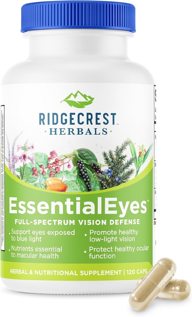 Ridgecrest Herbals EssentialEyes, Natural Eye Vitamin Kosttilskud, Indeholder Lutein, Zeaxanthin, Bilberry Extract, Understøtter Eye og Vision Sundhed (120 Vegan Caps, 30 Serv)