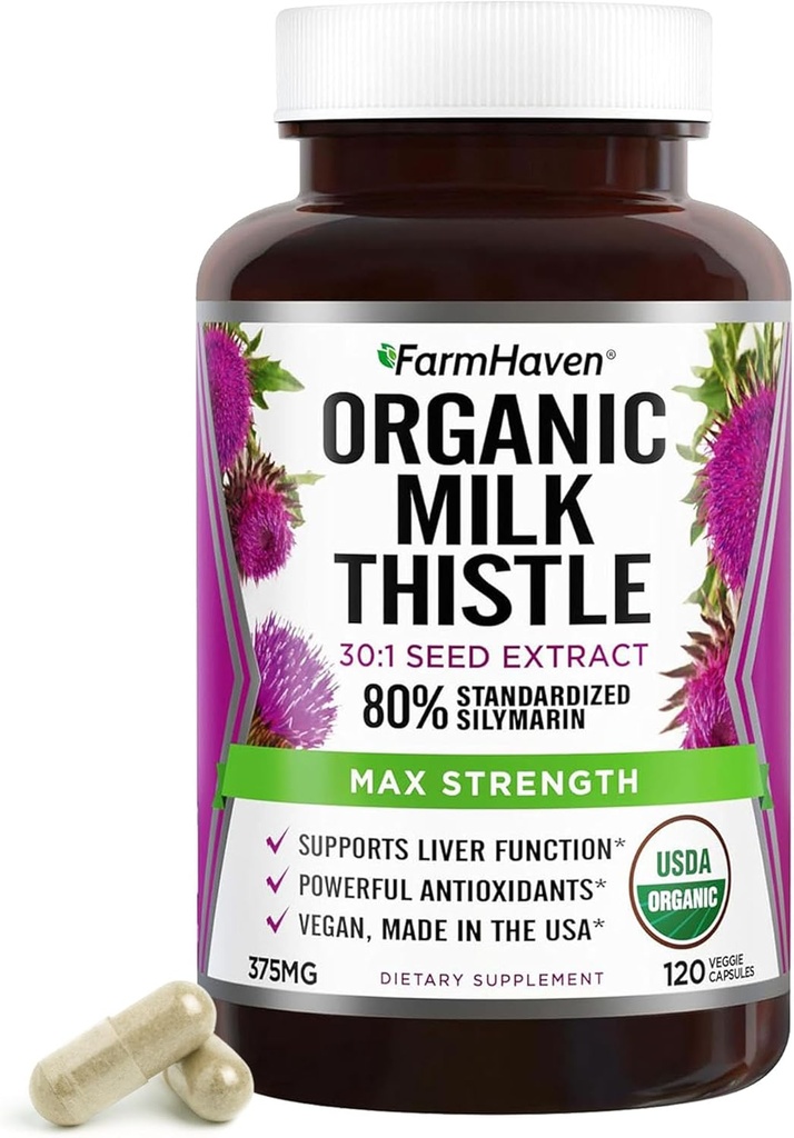 FarmHaven Silymarin Milk Thistle Capsules | 375mg Strength | 30X Concentrated Seed Extract & 80% Standardized Silymarin| Non-GMO | 120 Veggie Capsules