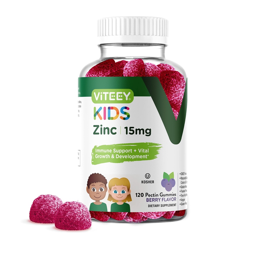 Viteey Zink til børn Gummies 15mg - immunforsvar til børn og teenagere - kraftfulde naturlige antioxidant, Kids Zink Vitamin Supplement - Vegan, Gelatine Free, Gluten Free - Tasty Chewable Berry Flavor Gummy