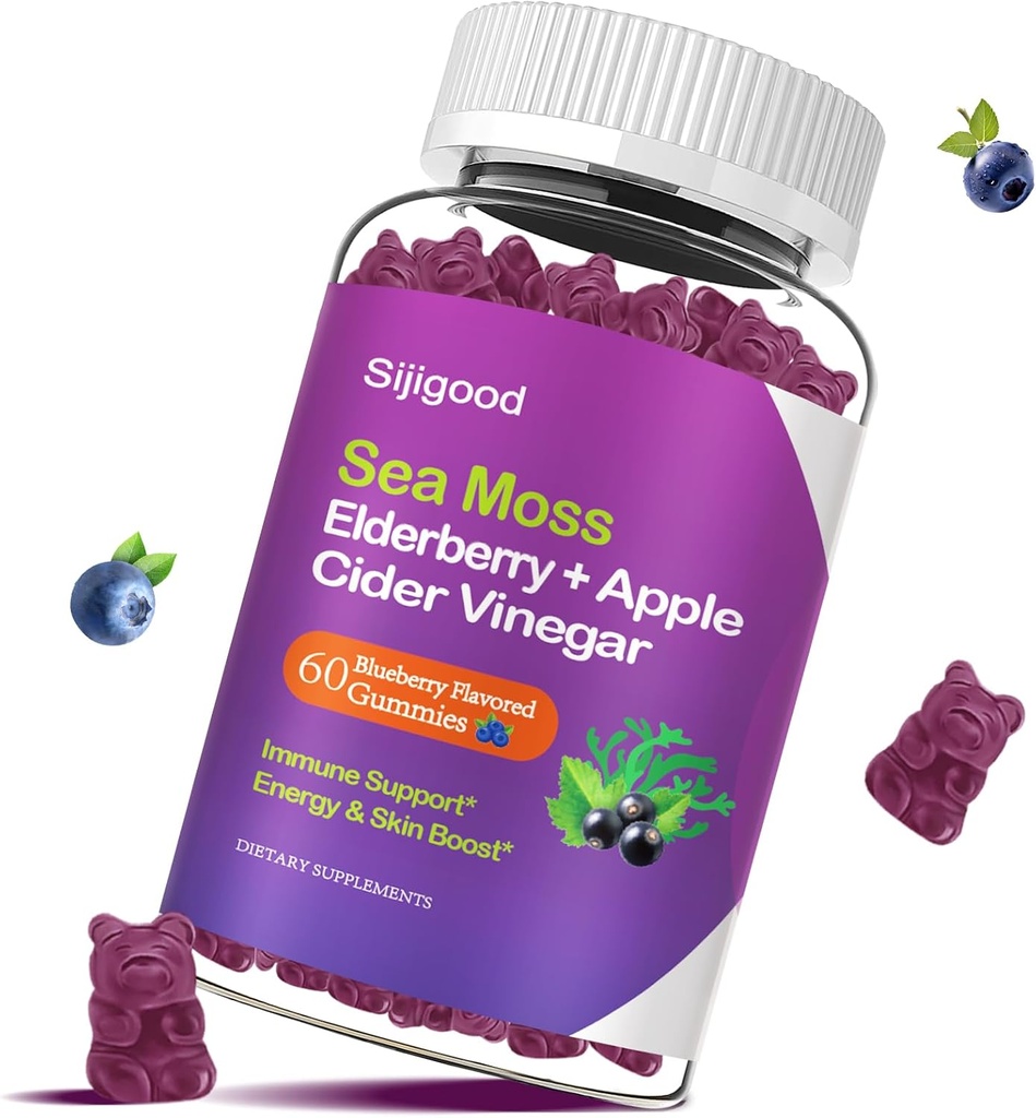 Irish Sea Moss Gummies med Elderberry, Bladderwrack, Burdock, Chlorophyll - fordøjelse, hud, hår og enhance Immunitet - Voksne børn Kvinder Mænd, 60 Blueberry Flavored Gummies