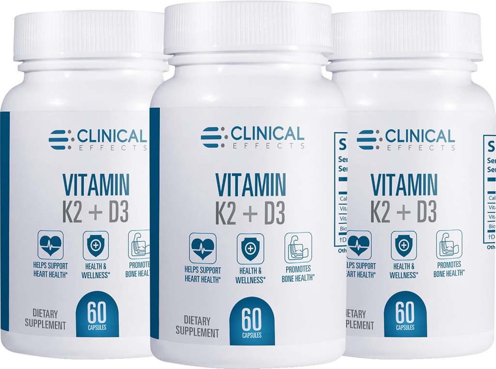 Kliniske effekter Vitamin K2 + D3 - K2 + D3 Vitamin supplement med Bioperine Black Pepper Extract og Calcium til ben og hjerte Health Support - 3 Pack - Max Absorption - Made in USA