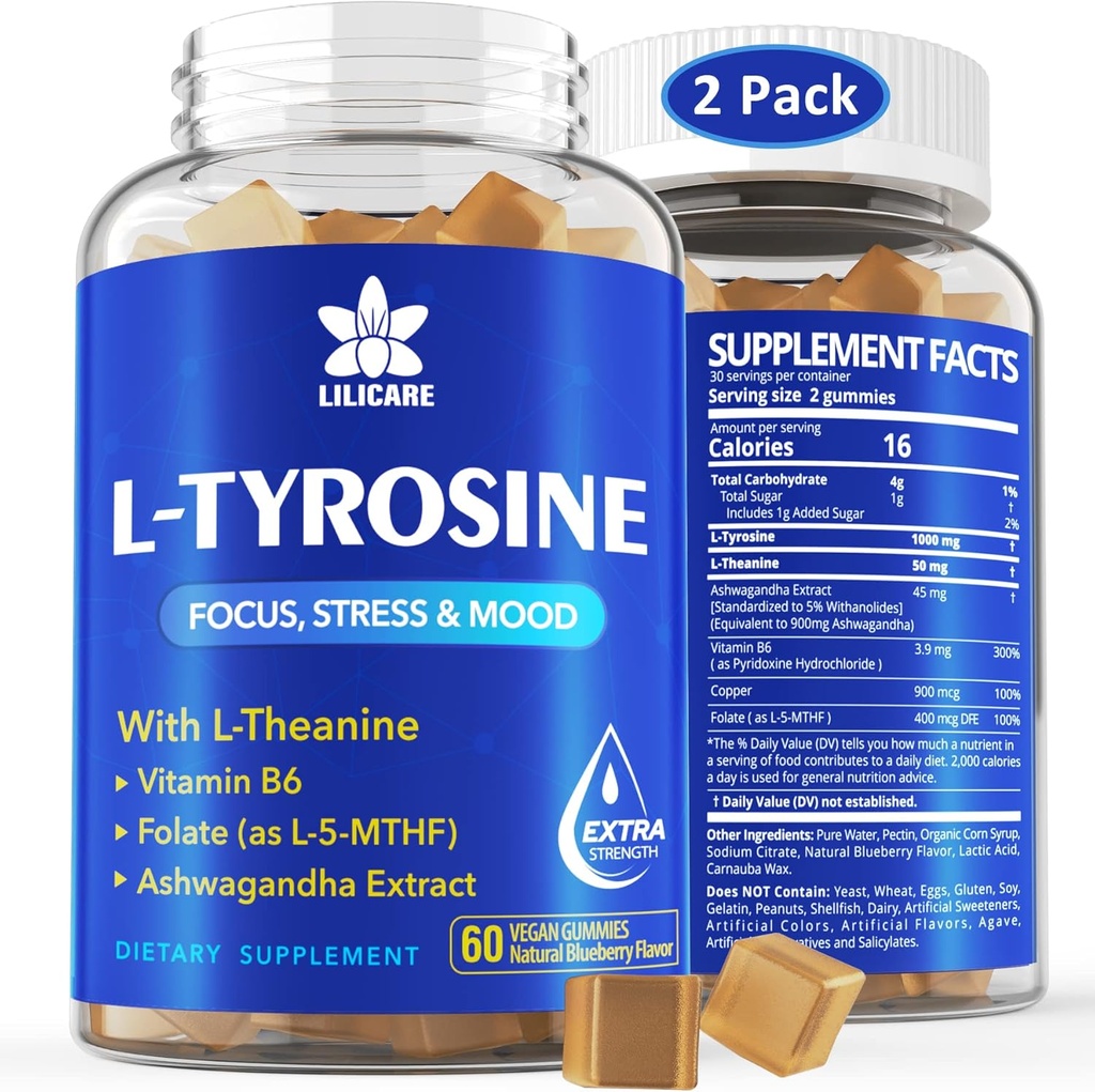 L Tyrosine Gummies 1100mg Mood Support Blend, med Ashwagandha, L-Theanine, B-vitamin Complex B6, Folate (vitamin B9), Focus & Memory, Cognition & Brain Function, Energy Boost, Stress Support, 2Pc / 120ct