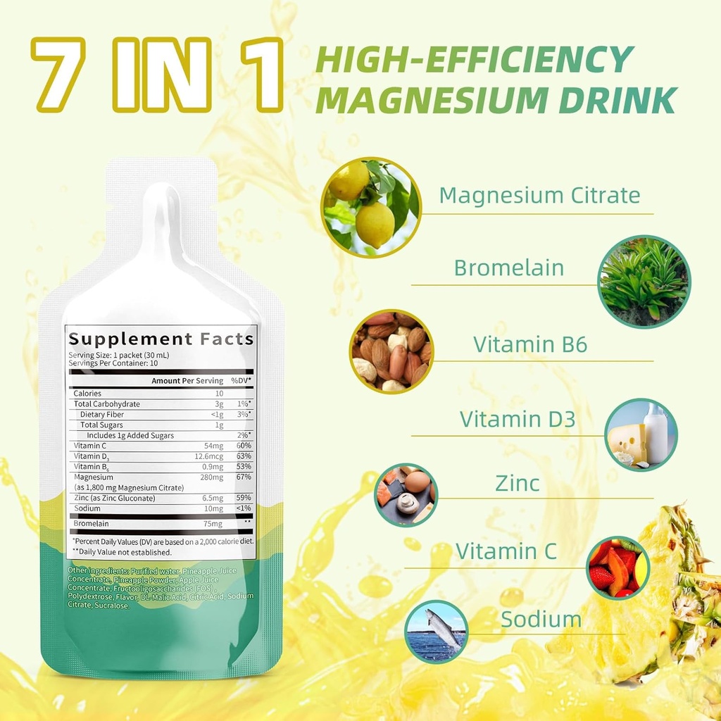 Magnesium citrat flydende supplement (10 Fl Oz), Magnesium kompleks drik / oral opløsning med Vitamin B, zink, natrium og bromelain til søvn, muskel, hjerte, Gut Support (Ananas)