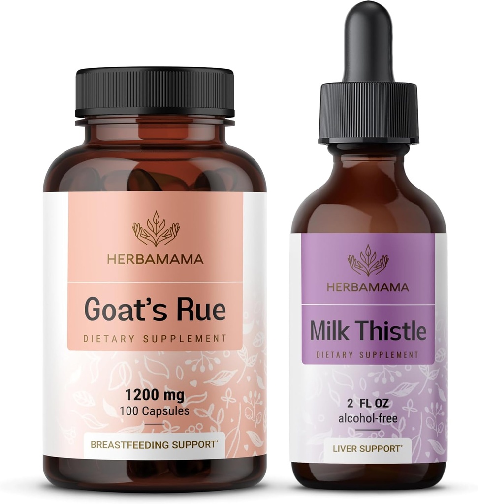 HERBAMAMA Goats Rue and Milk Thistle Kit - Bundle of 1200 mg Goats Rue Capsules & Milk Thistle Lever Detox Drops 2 fl oz - Vegan, Non- GMO, Sugar & Alcohol- Free - 2 Pack