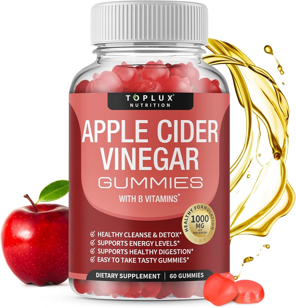 Toplux Apple Cider Vinegar Gummies - 1000mg ACV med B12, Beet Root, Granatæbler til immunsystem, Detox & Rense, Gummy Alternativ til Apple Cider Vinegar Kapsler, for Mænd Kvinder, 60 Gummies