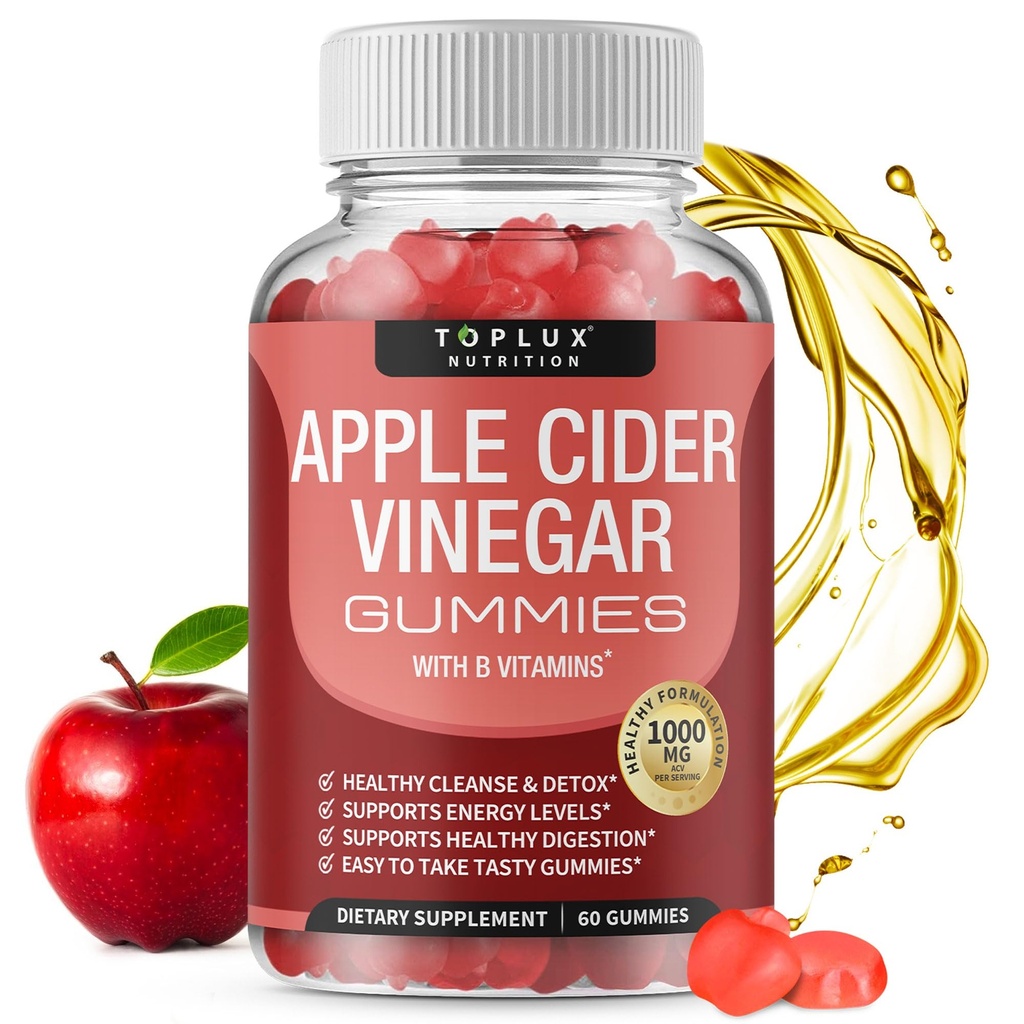 Toplux Apple Cider Vinegar Gummies - 1000mg ACV med B12, Beet Root, Granatæbler til immunsystem, Detox & Rense, Gummy Alternativ til Apple Cider Vinegar Kapsler, for Mænd Kvinder, 60 Gummies