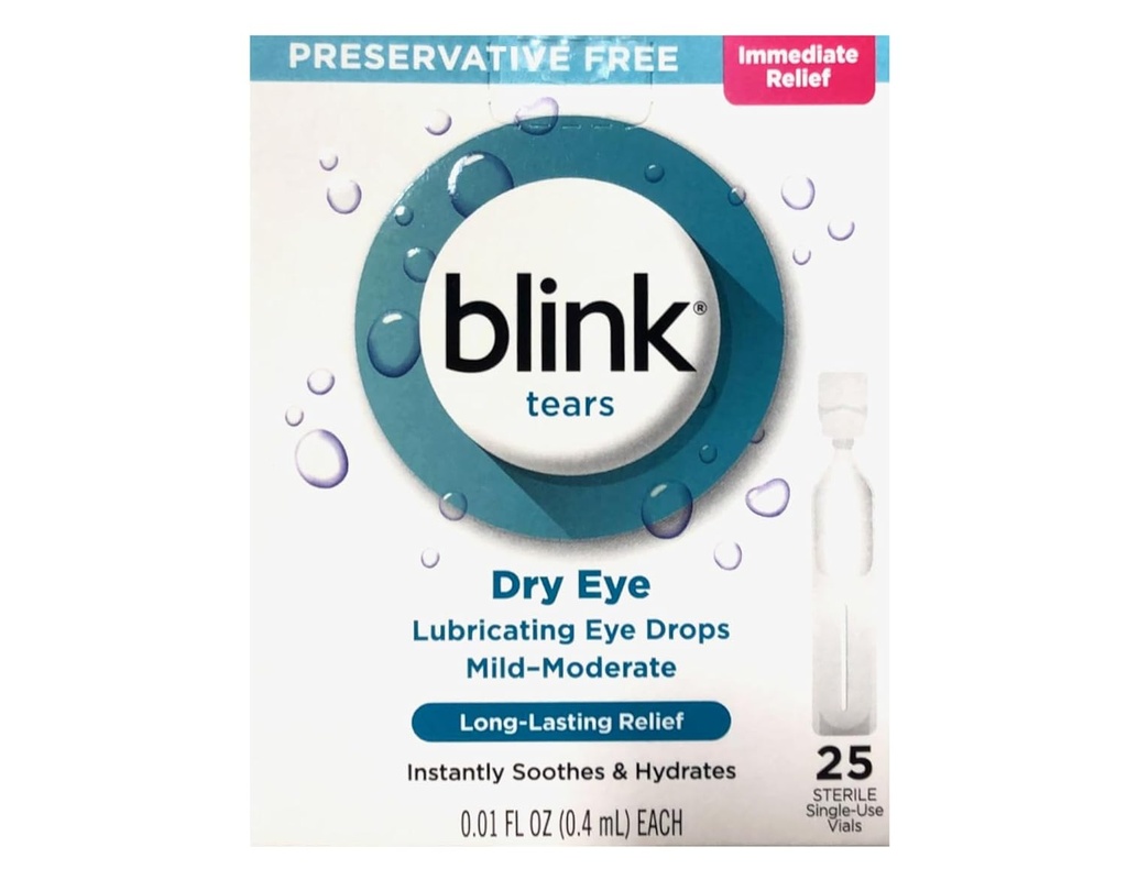 BLINK tåre øjendråber til tørre øjne, Konserveringsfri smørende øjendråber, Steril enkeltbrug hætteglas, genert øje pleje for Mild at moderere tørre øje symptomlindring, 25 Greve, 0,01 fl oz Hætteglas