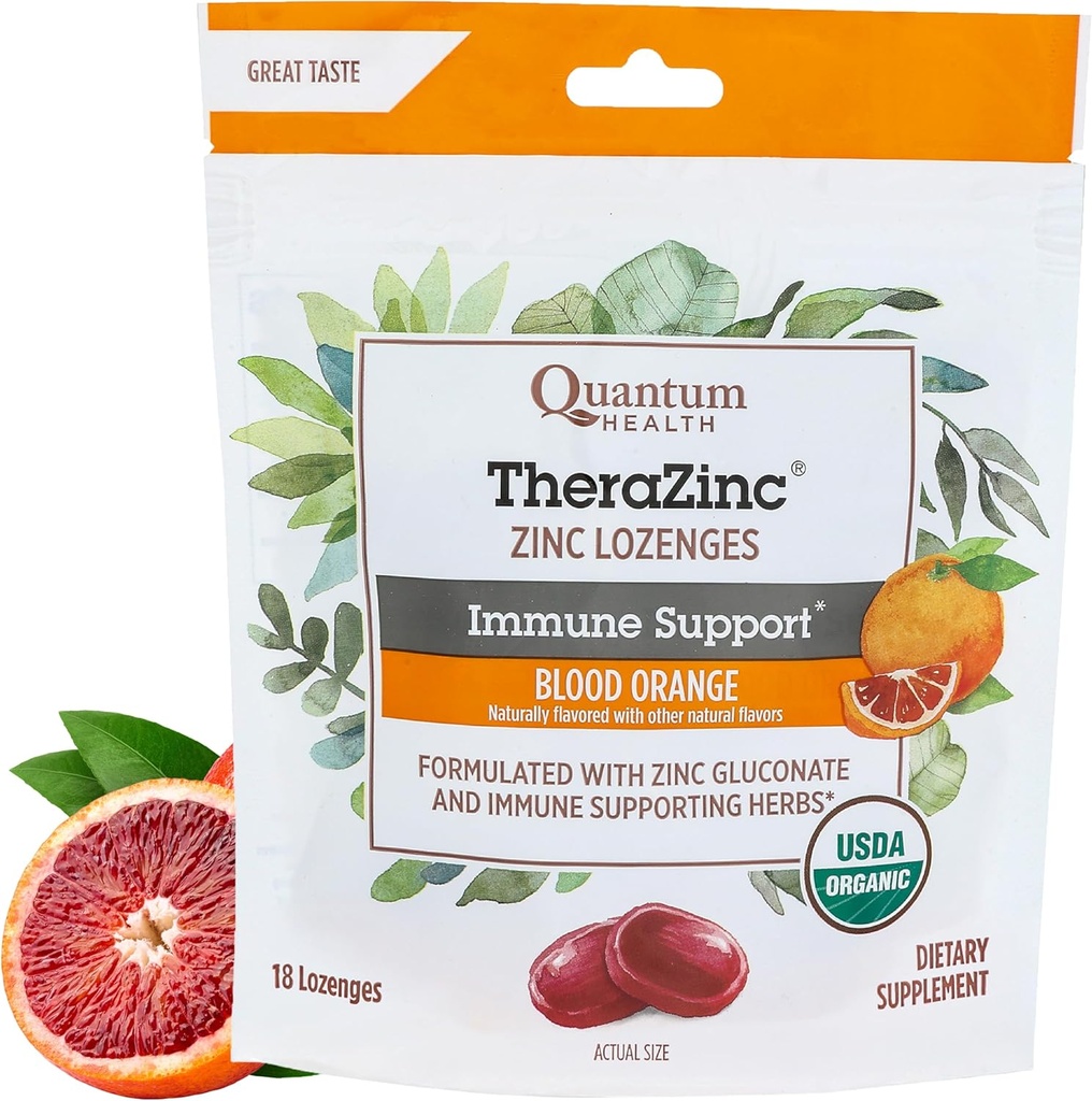 Quantum Health TheraZink Organic Zink Lozenges Echinacea & honning immunforsvar støtte til voksne & børn 12 + Naturligt aromatiseret blod Orange Fast Relief uden eftersmag - 18 Greve