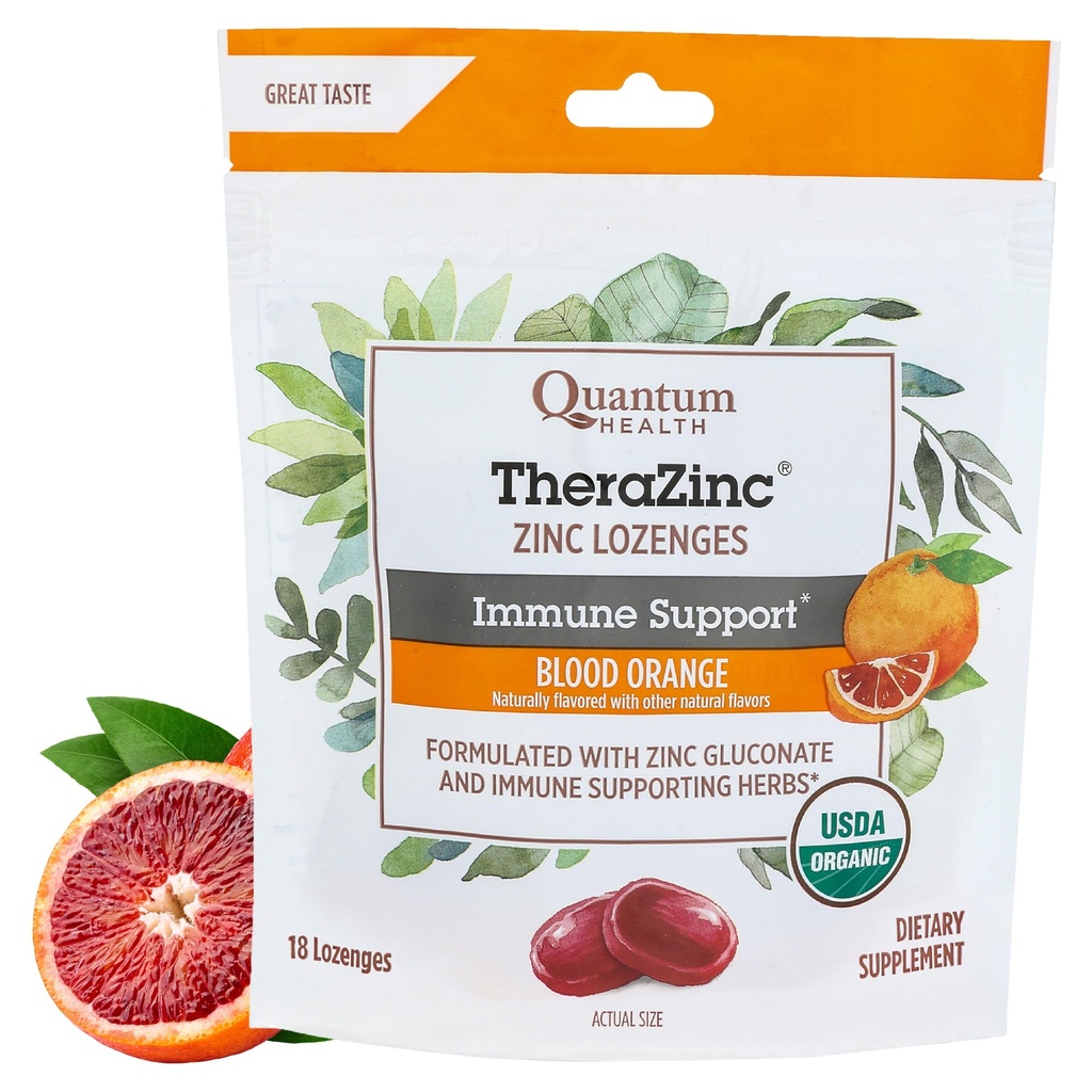 Quantum Health TheraZink Organic Zink Lozenges Echinacea & honning immunforsvar støtte til voksne & børn 12 + Naturligt aromatiseret blod Orange Fast Relief uden eftersmag - 18 Greve